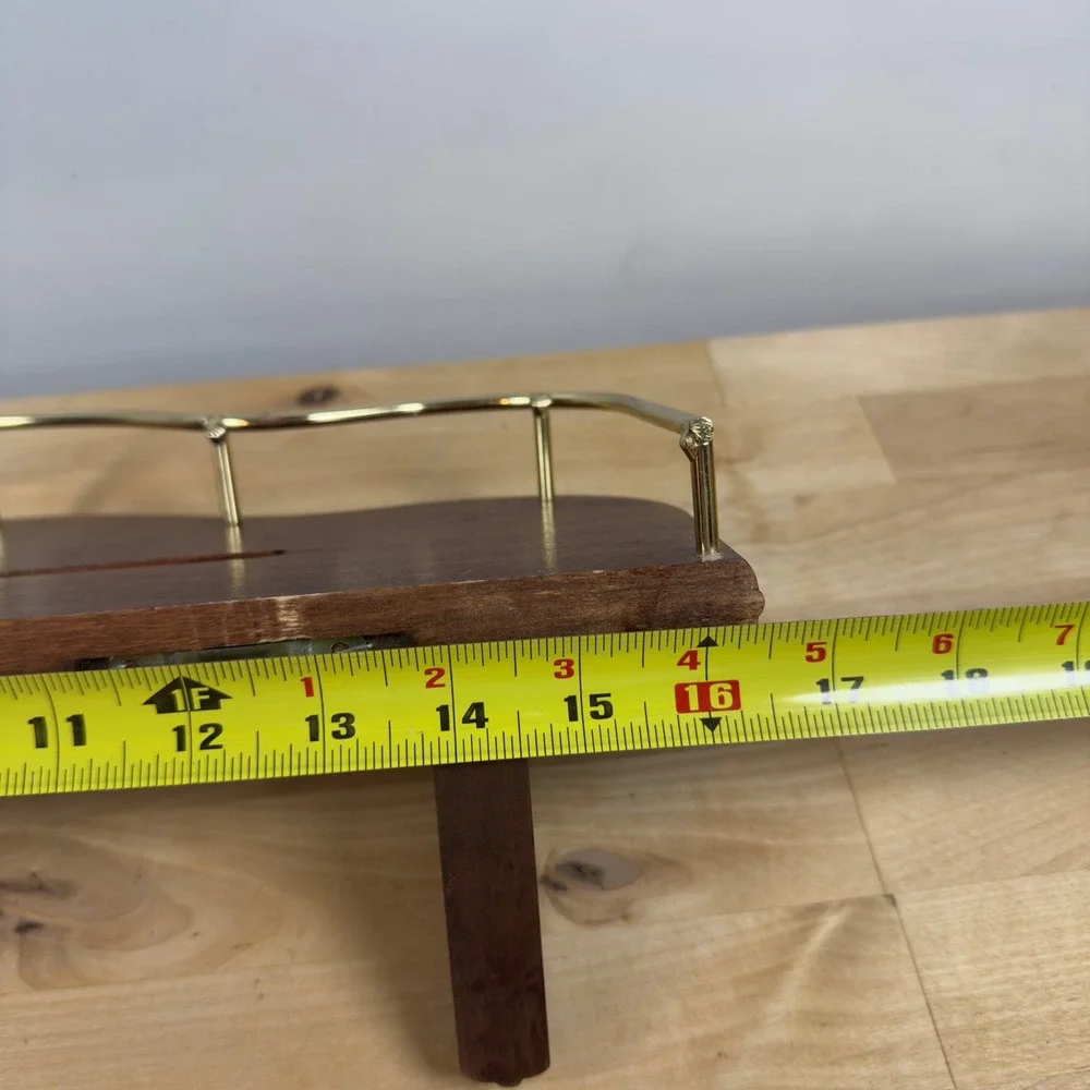 Vintage Dark Wood Wall Shelf with Brass Gallery Rail Plate Groove USA Made 16in